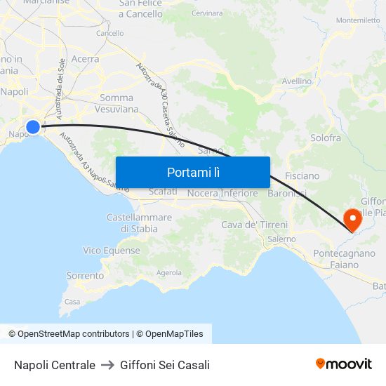 Napoli Centrale to Giffoni Sei Casali map