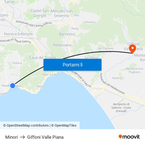 Minori to Giffoni Valle Piana map