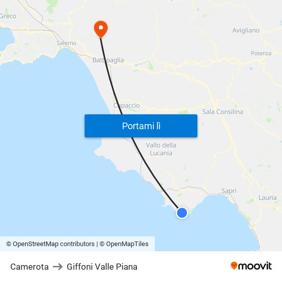 Camerota to Giffoni Valle Piana map