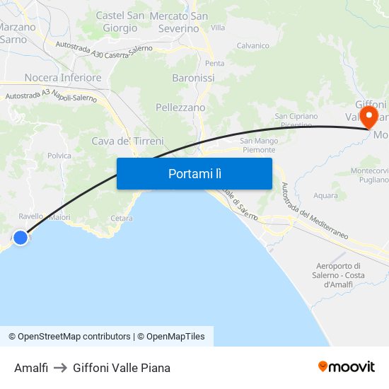 Amalfi to Giffoni Valle Piana map