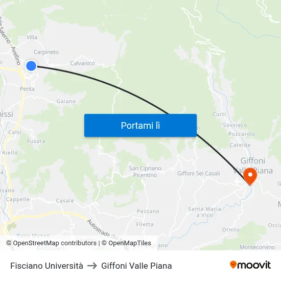 Fisciano Università to Giffoni Valle Piana map