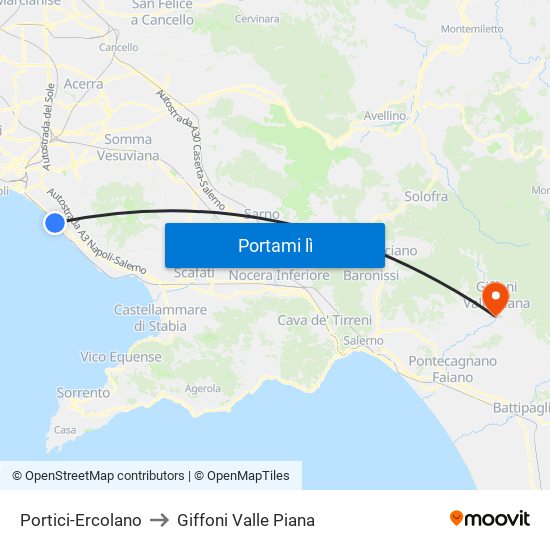 Portici-Ercolano to Giffoni Valle Piana map
