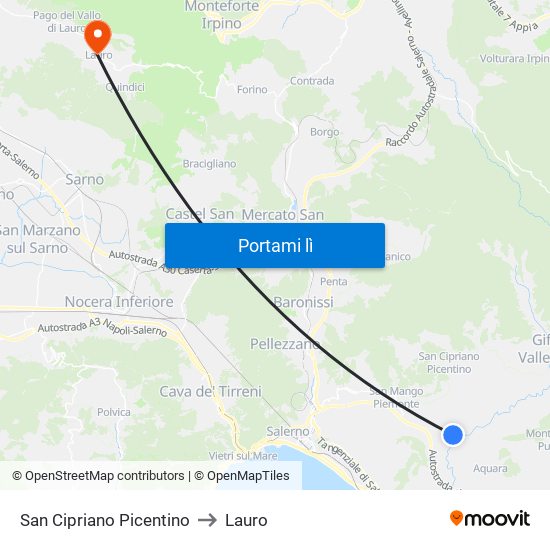 San Cipriano Picentino to Lauro map