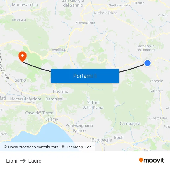 Lioni to Lauro map