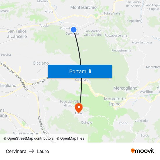 Cervinara to Lauro map