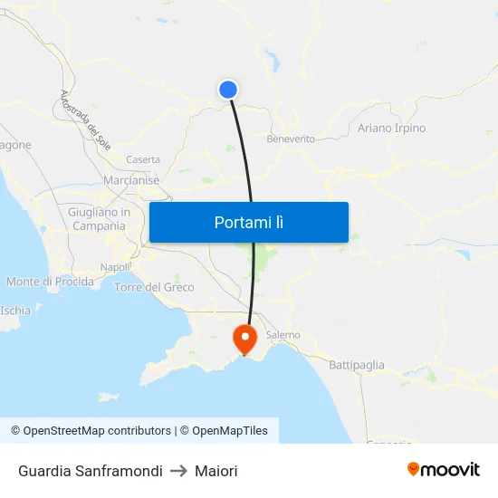 Guardia Sanframondi to Maiori map