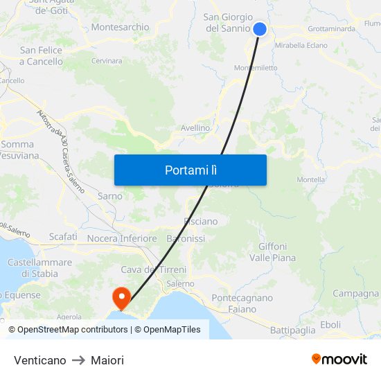 Venticano to Maiori map