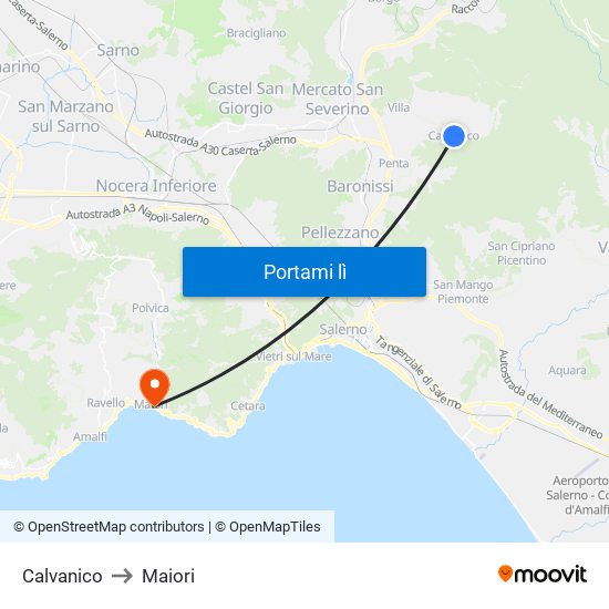 Calvanico to Maiori map