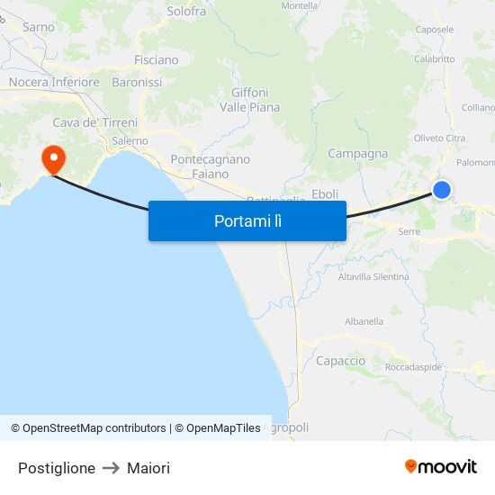 Postiglione to Maiori map
