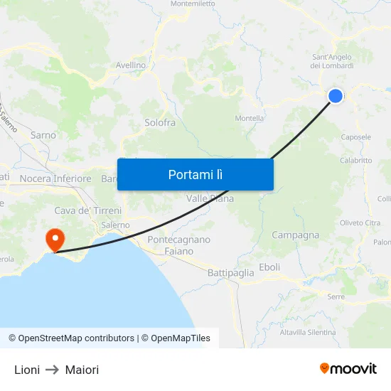 Lioni to Maiori map