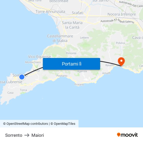 Sorrento to Maiori map