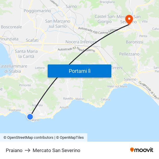 Praiano to Mercato San Severino map