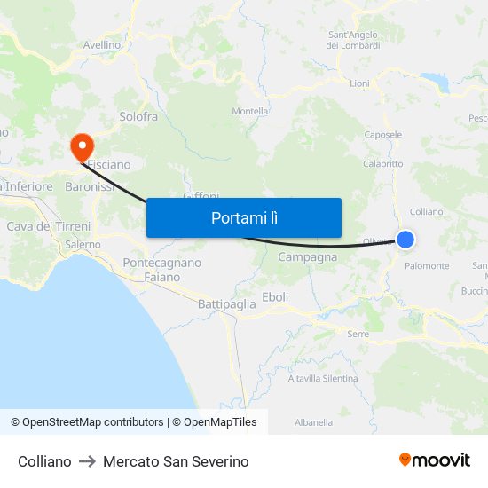 Colliano to Mercato San Severino map
