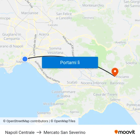 Napoli Centrale to Mercato San Severino map