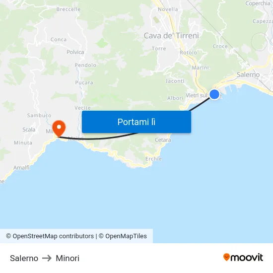 Salerno to Minori map