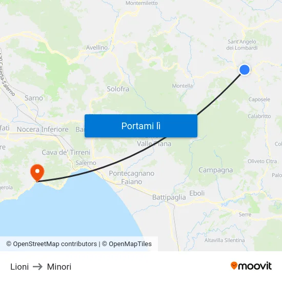 Lioni to Minori map