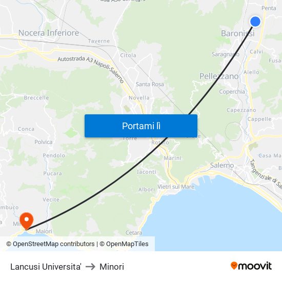 Lancusi Universita' to Minori map