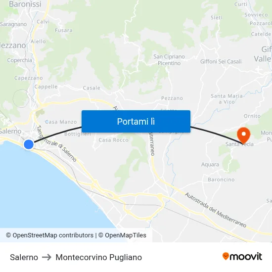 Salerno to Montecorvino Pugliano map