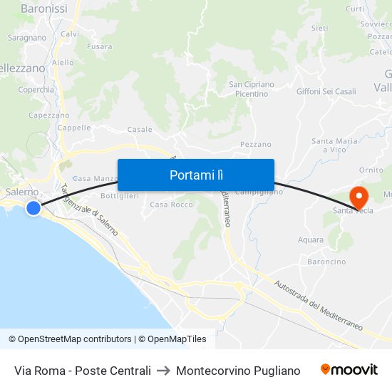 Via Roma - Poste Centrali to Montecorvino Pugliano map