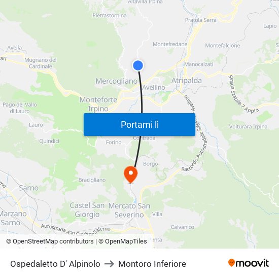 Ospedaletto D' Alpinolo to Montoro Inferiore map