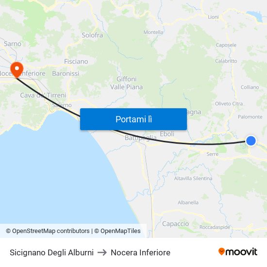 Sicignano Degli Alburni to Nocera Inferiore map