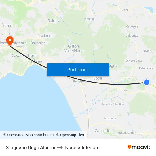 Sicignano Degli Alburni to Nocera Inferiore map