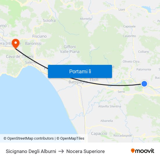 Sicignano Degli Alburni to Nocera Superiore map