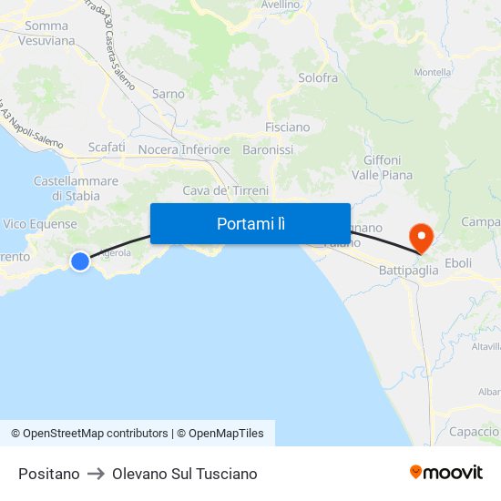 Positano to Olevano Sul Tusciano map