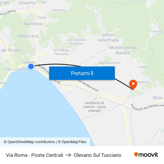 Via Roma - Poste Centrali to Olevano Sul Tusciano map