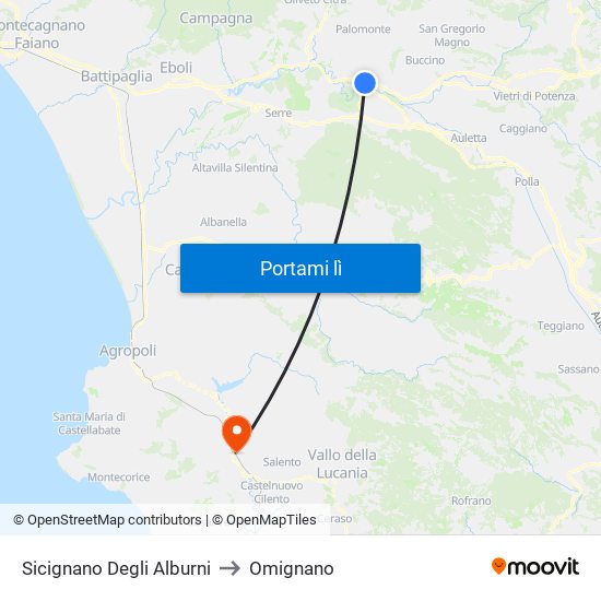 Sicignano Degli Alburni to Omignano map