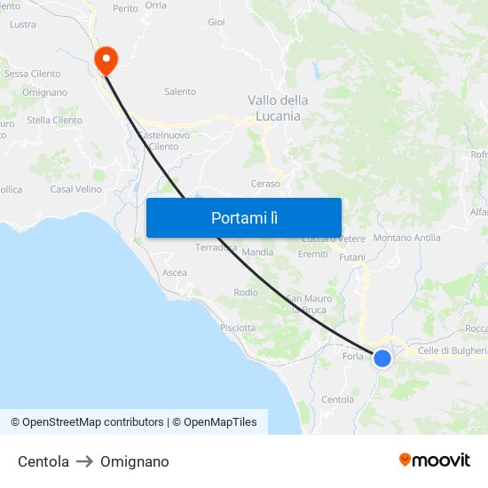 Centola to Omignano map