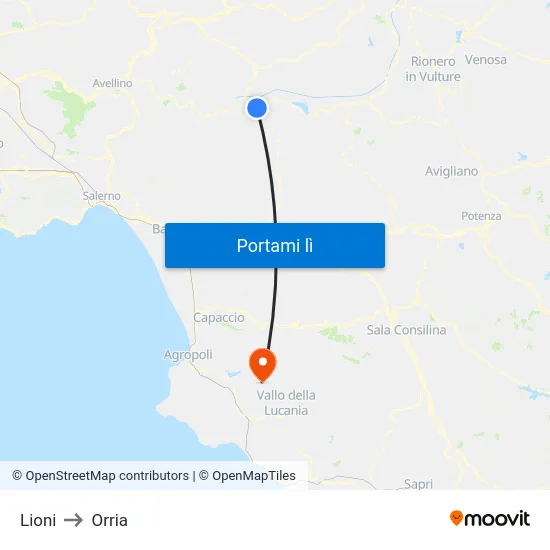 Lioni to Orria map