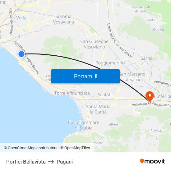 Portici Bellavista to Pagani map