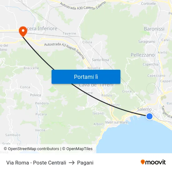 Via Roma - Poste Centrali to Pagani map