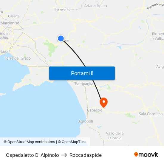 Ospedaletto D' Alpinolo to Roccadaspide map