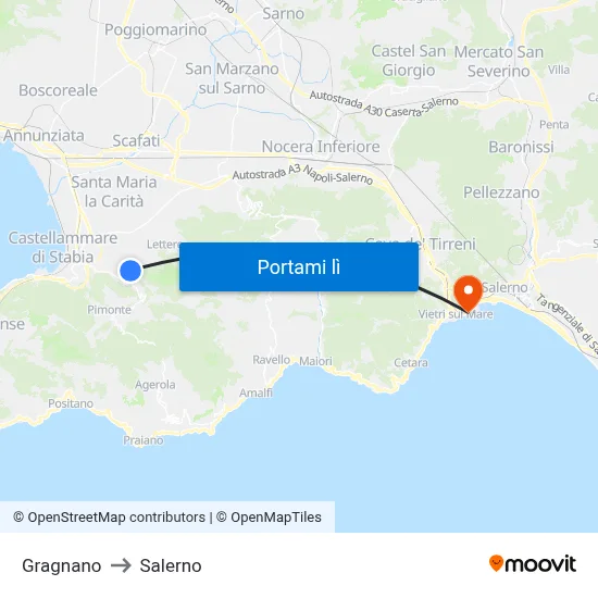 Gragnano to Salerno map