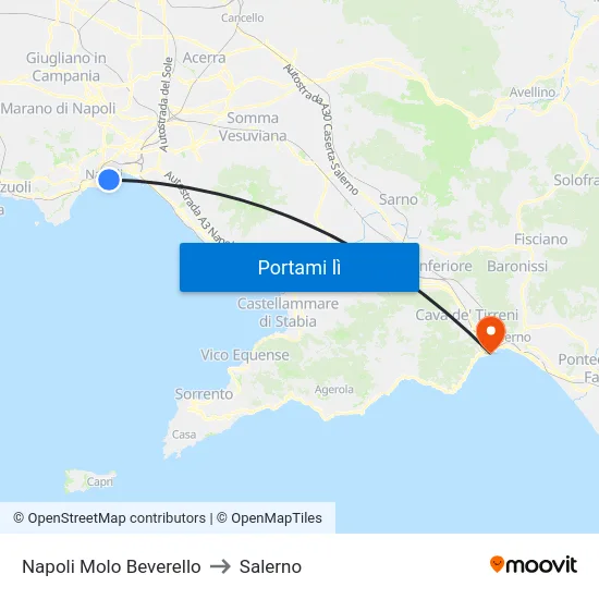 Napoli Molo Beverello to Salerno map