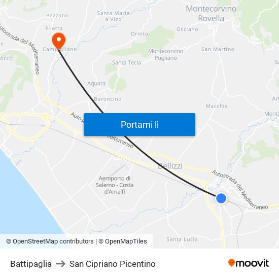 Battipaglia to San Cipriano Picentino map