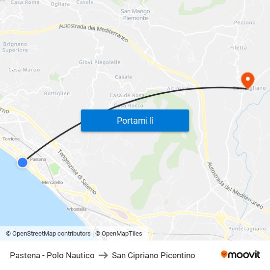 Pastena  - Polo Nautico to San Cipriano Picentino map