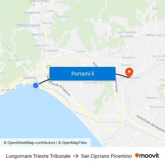 Lungomare Trieste Tribunale to San Cipriano Picentino map