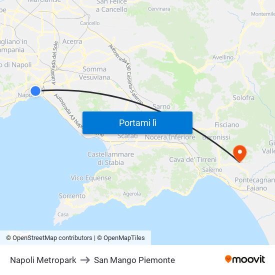 Napoli Metropark to San Mango Piemonte map