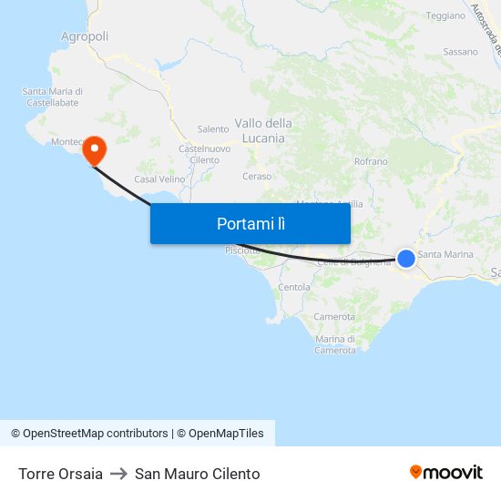 Torre Orsaia to San Mauro Cilento map