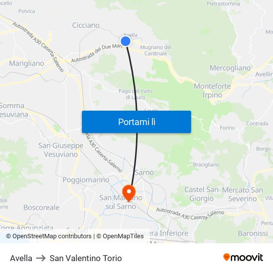 Avella to San Valentino Torio map