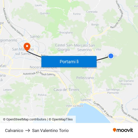 Calvanico to San Valentino Torio map