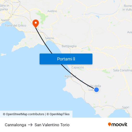 Cannalonga to San Valentino Torio map
