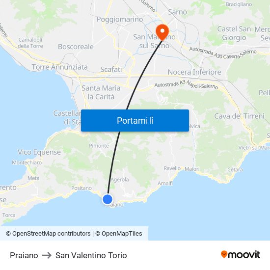 Praiano to San Valentino Torio map