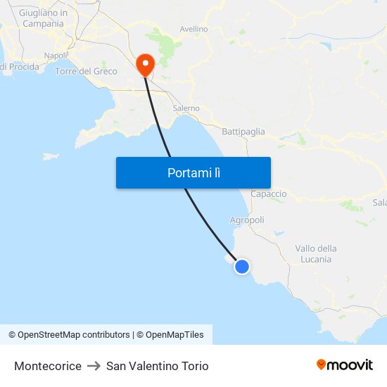 Montecorice to San Valentino Torio map