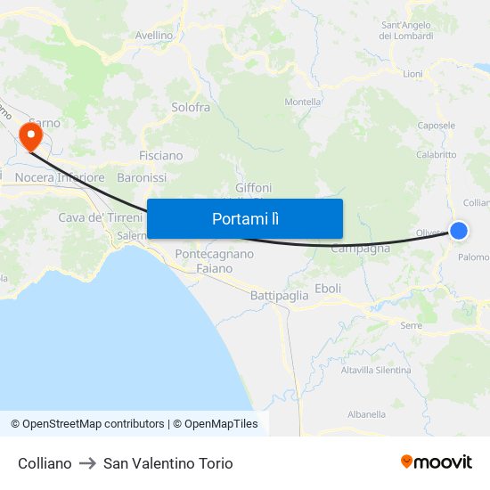 Colliano to San Valentino Torio map