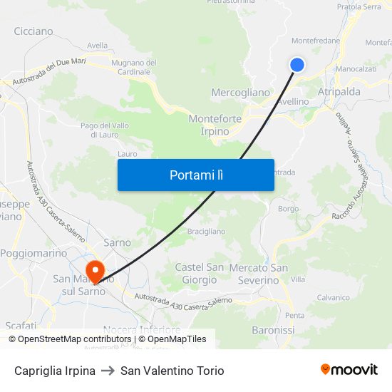 Capriglia Irpina to San Valentino Torio map