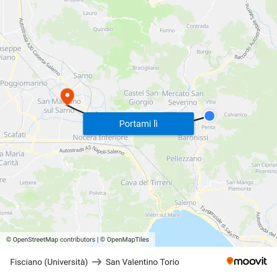 Fisciano (Università) to San Valentino Torio map